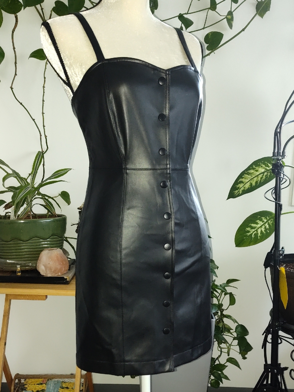 Forever 21 Black Faux Leather Button-Front Mini Dress